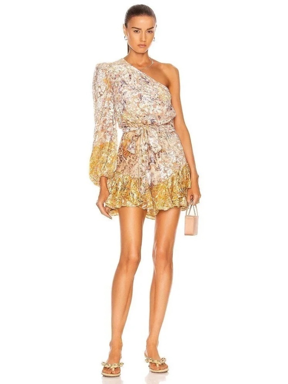 One-Shoulder Floral Ruffle Mini Dress in Yellow